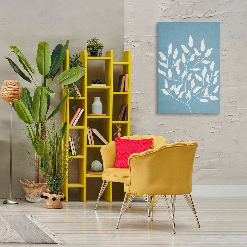 JJ Design House LLC Leaf Impressions on Blue Canvas Wall Art Print in Room