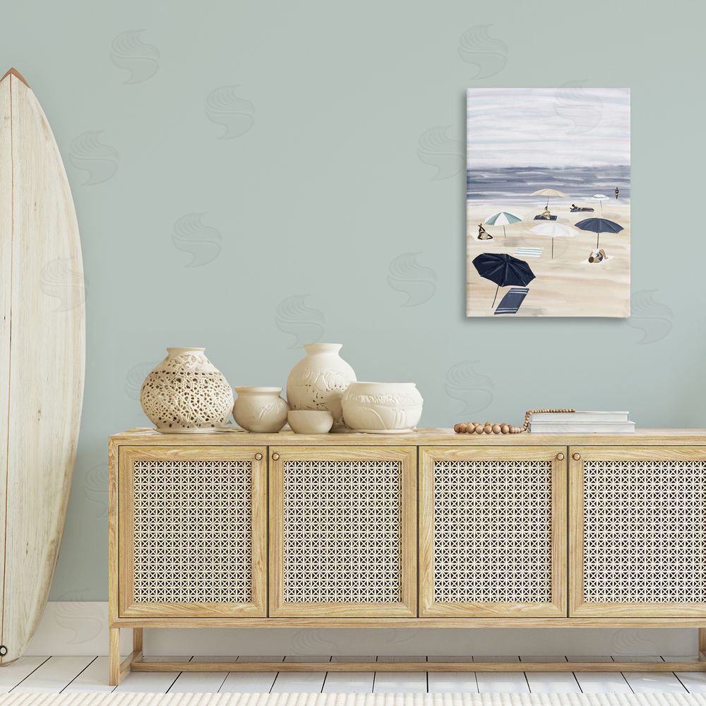 JJ Design House LLC Beachgoers with Umbrellas Canvas Wall Art Print in Room