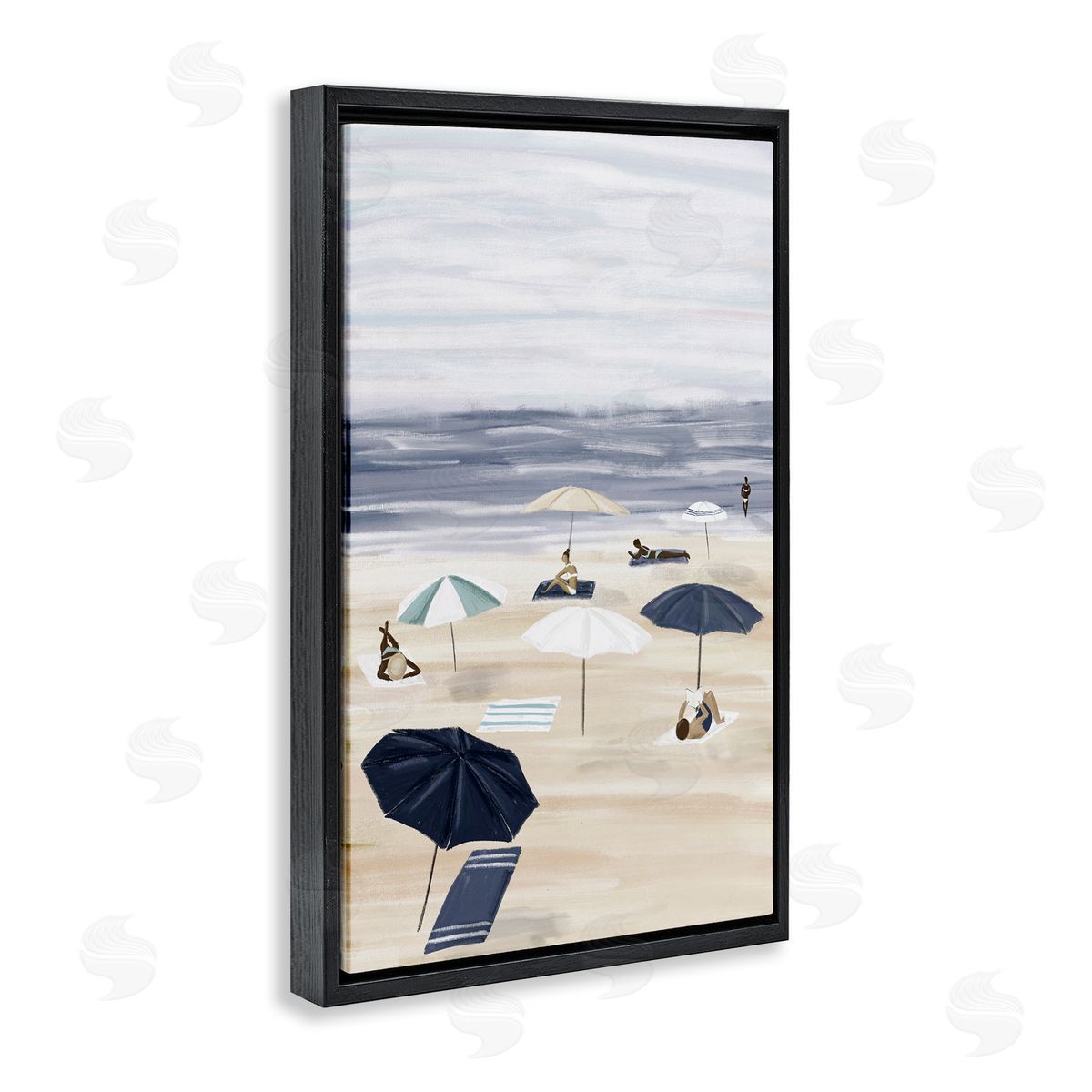 JJ Design House LLC Beachgoers with Umbrellas Black Floating Frame Canvas Wall Art Print