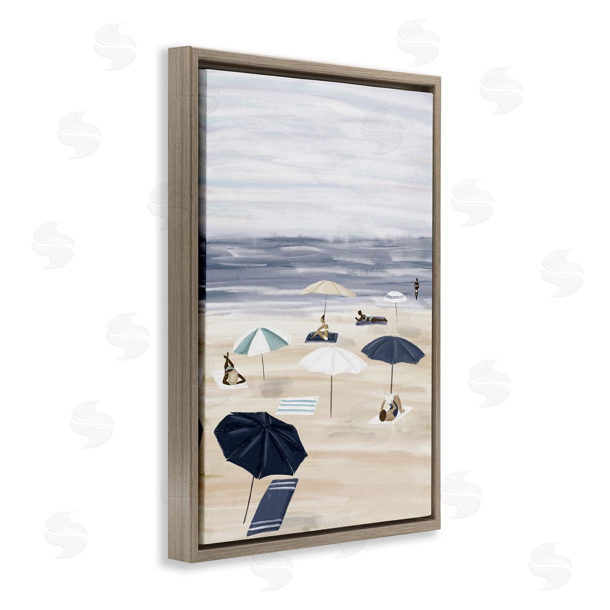 JJ Design House LLC Beachgoers with Umbrellas Brown Floating Frame Canvas Wall Art Print
