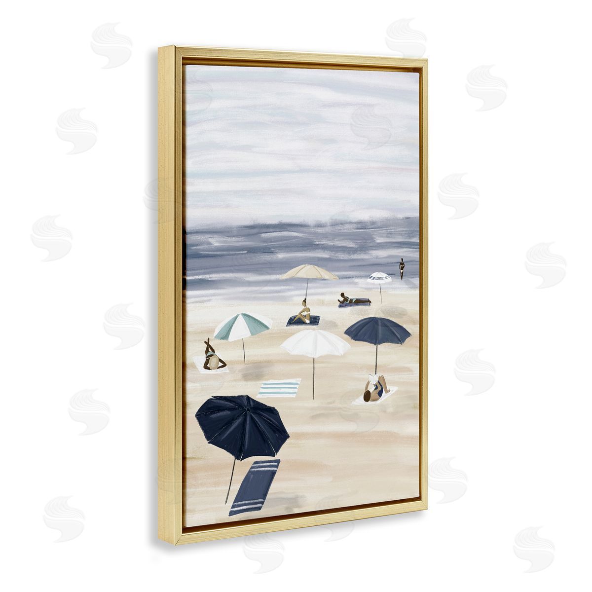 JJ Design House LLC Beachgoers with Umbrellas Gold Floating Frame Canvas Wall Art Print