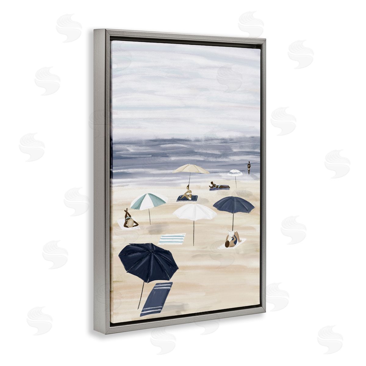 JJ Design House LLC Beachgoers with Umbrellas Gray Floating Frame Canvas Wall Art Print