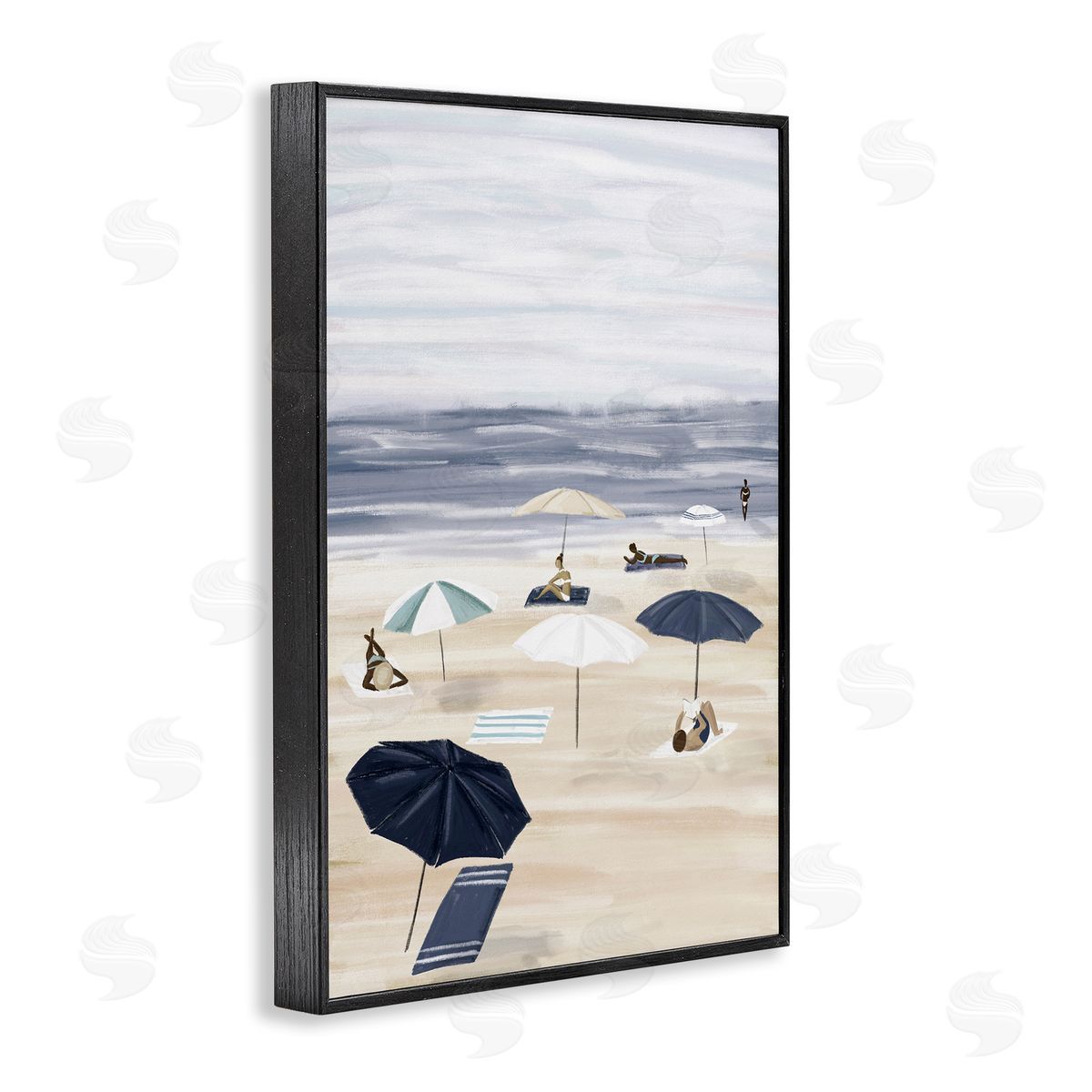 JJ Design House LLC Beachgoers with Umbrellas Black Framed Giclee Wall Art Print