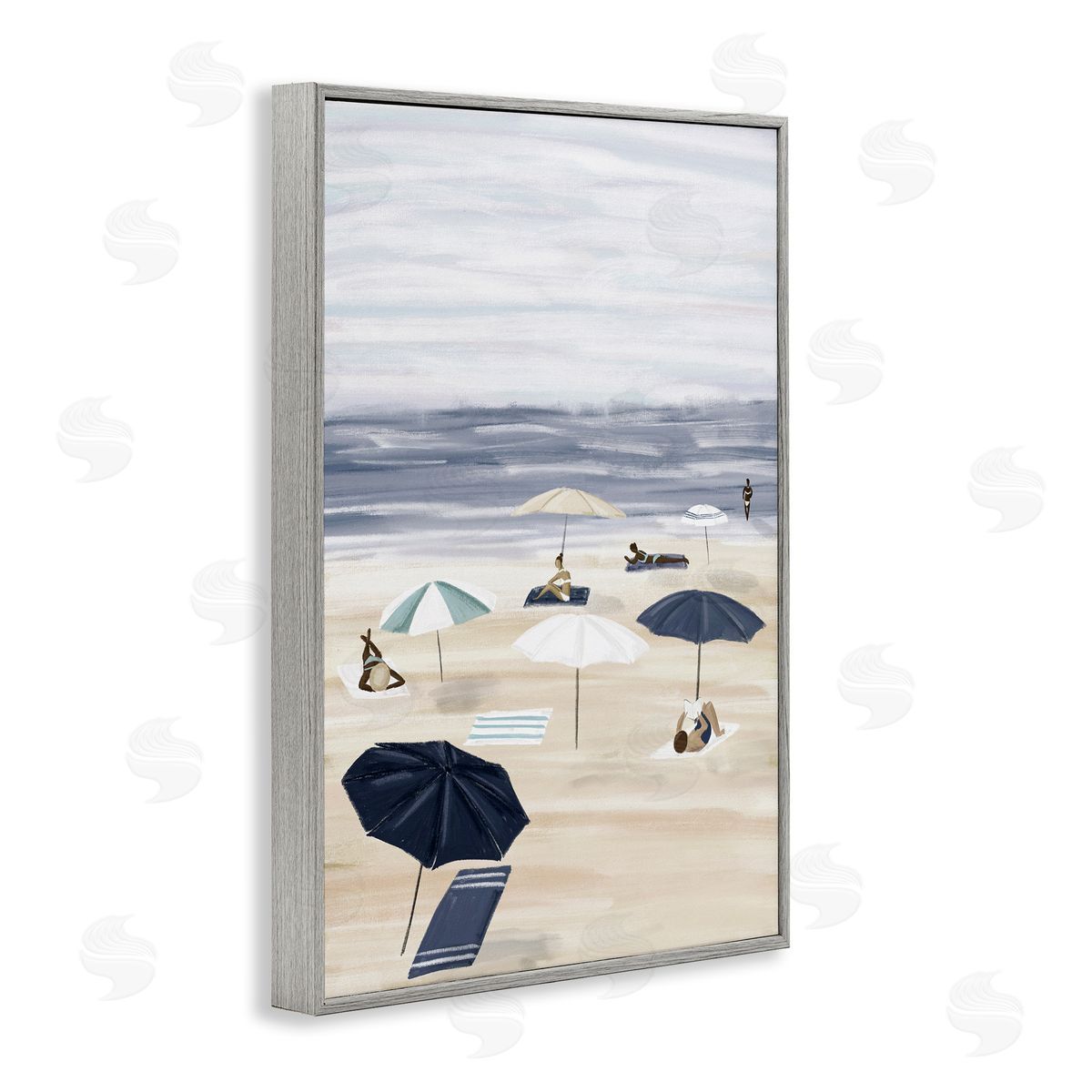 JJ Design House LLC Beachgoers with Umbrellas Gray Framed Giclee Wall Art Print
