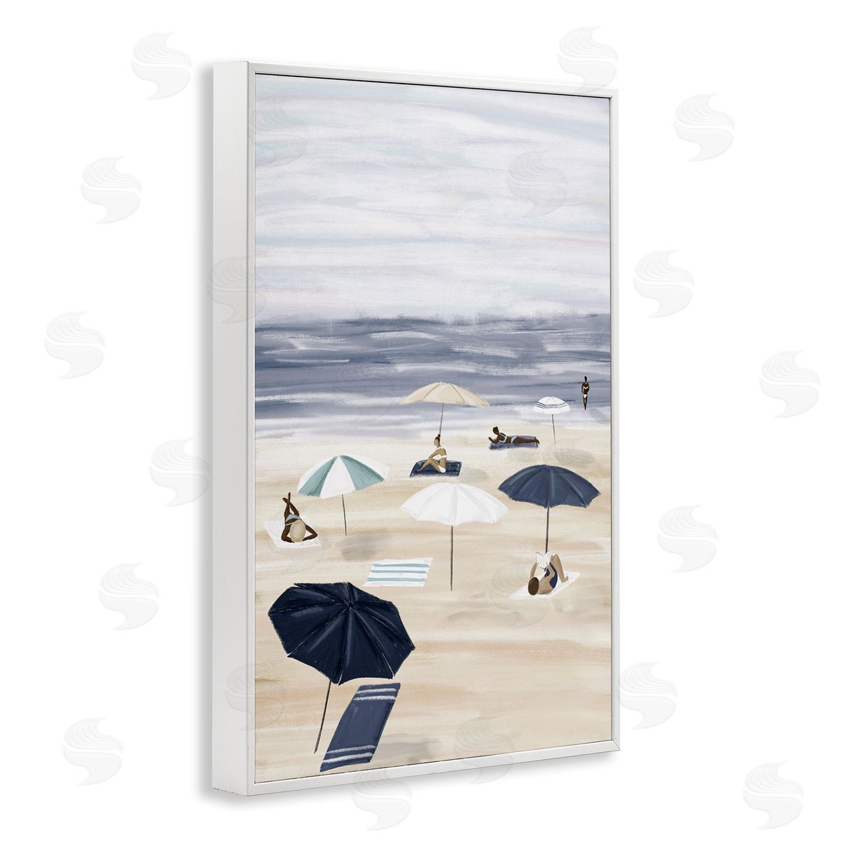 JJ Design House LLC Beachgoers with Umbrellas White Framed Giclee Wall Art Print