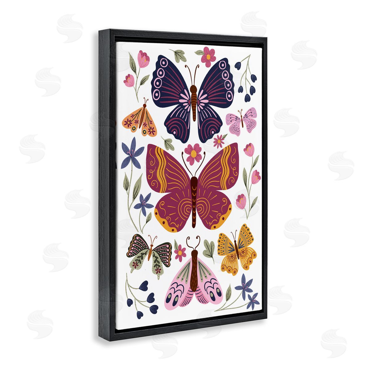 JJ Design House LLC Symmetrical Butterflies & Flowers Black Floating Frame Canvas Wall Art Print