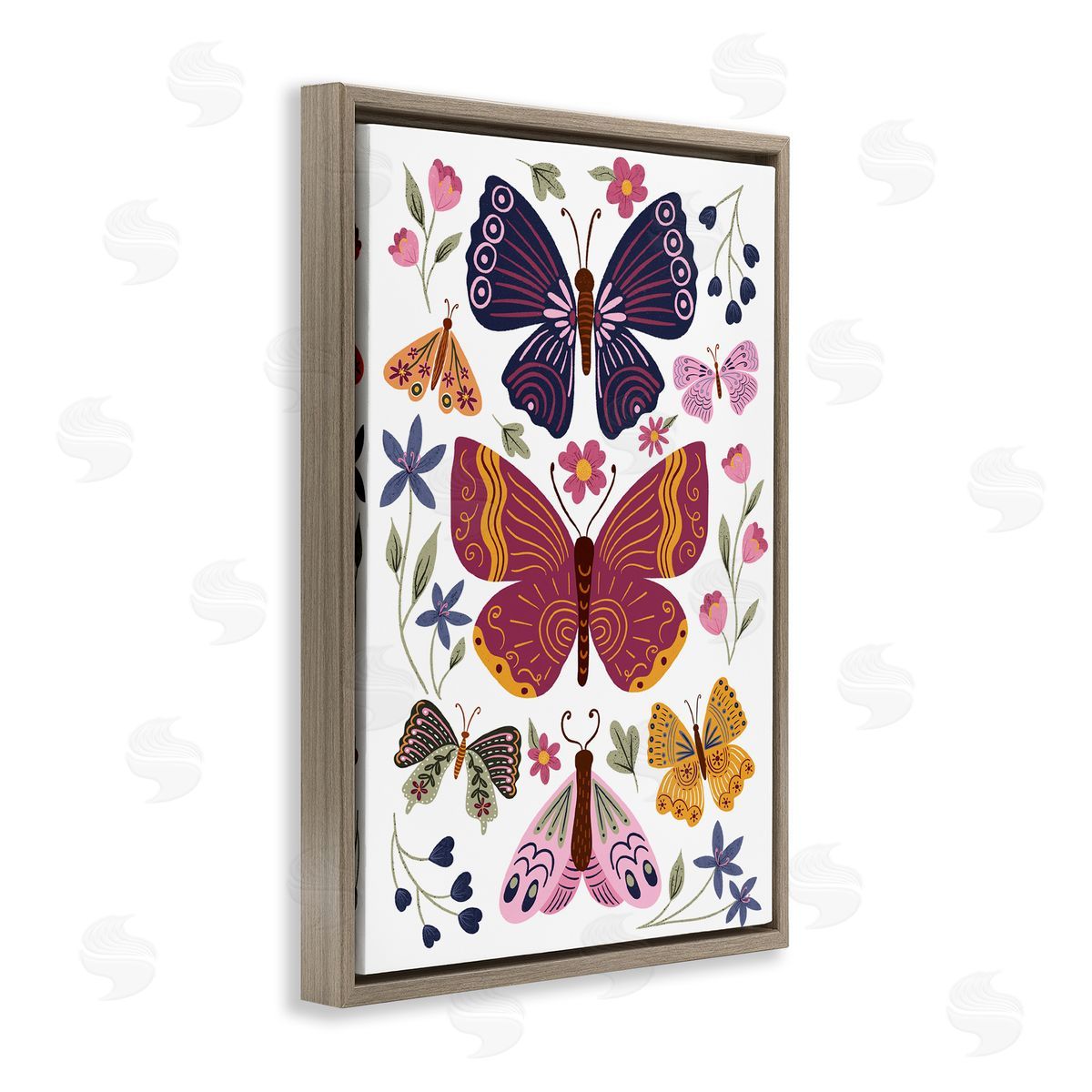 JJ Design House LLC Symmetrical Butterflies & Flowers Brown Floating Frame Canvas Wall Art Print