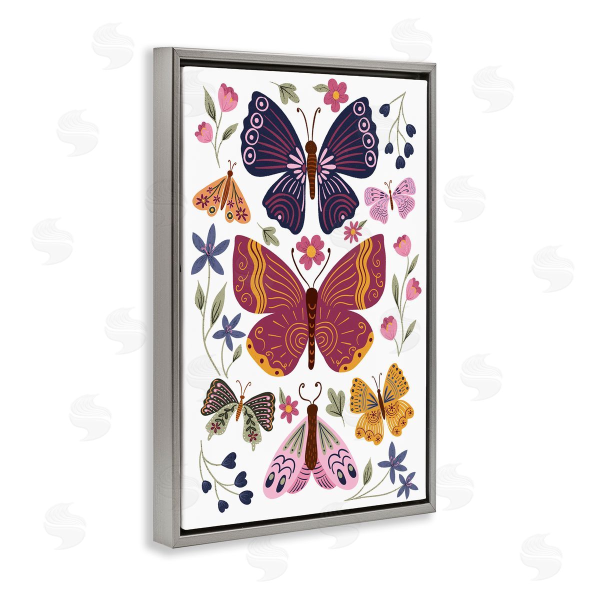 JJ Design House LLC Symmetrical Butterflies & Flowers Gray Floating Frame Canvas Wall Art Print