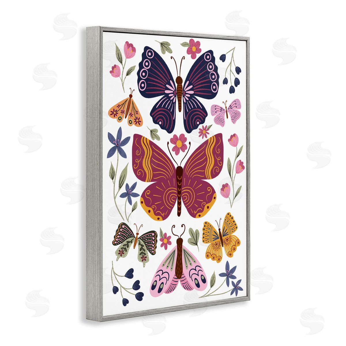 JJ Design House LLC Symmetrical Butterflies & Flowers Gray Framed Giclee Wall Art Print