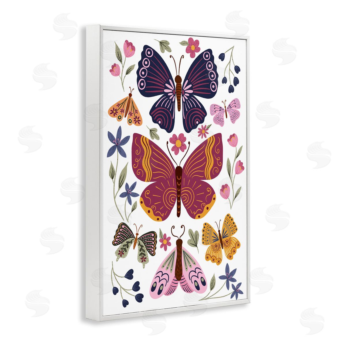 JJ Design House LLC Symmetrical Butterflies & Flowers White Framed Giclee Wall Art Print