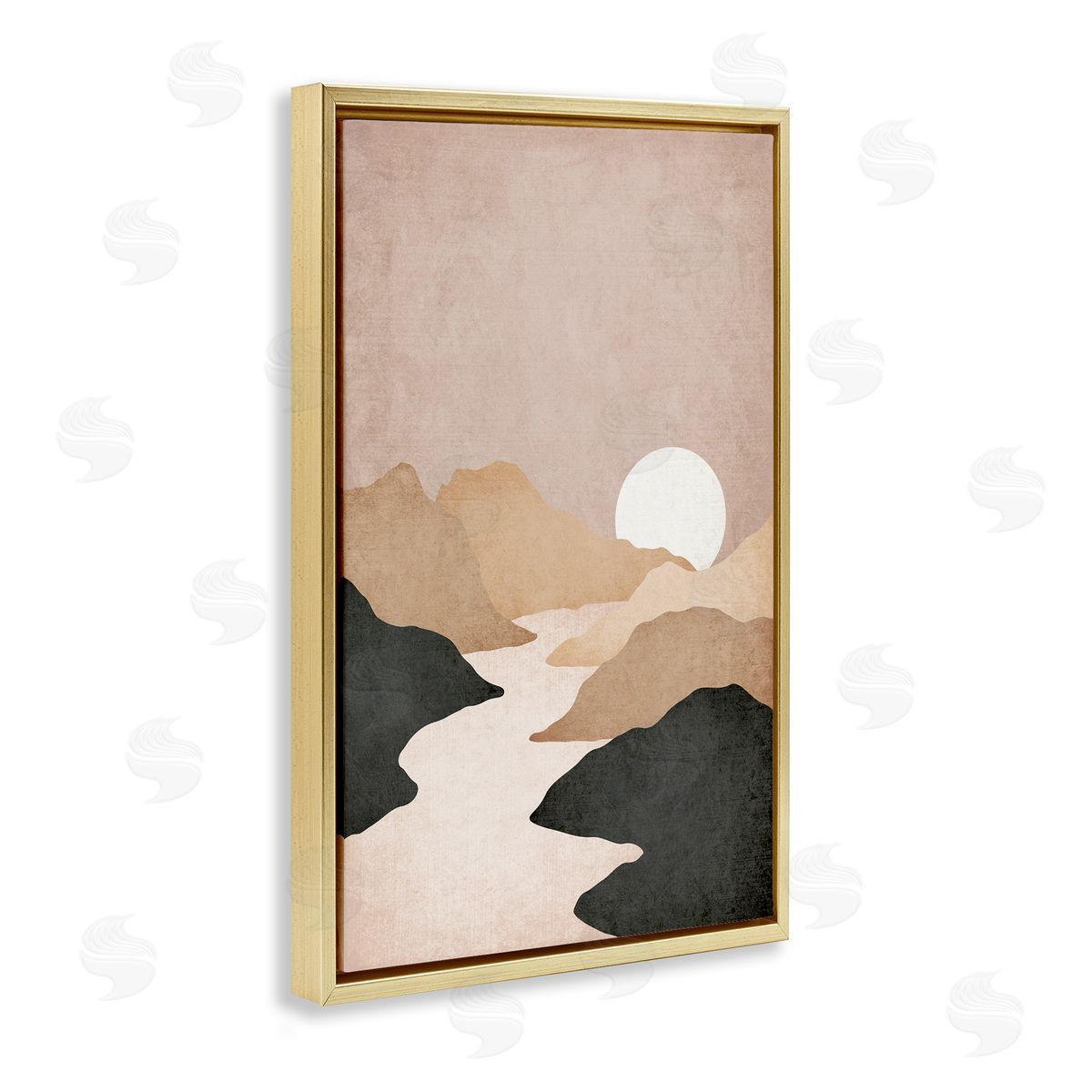 JJ Design House LLC Beige Mountains with Stream Gold Floating Frame Canvas Wall Art Print
