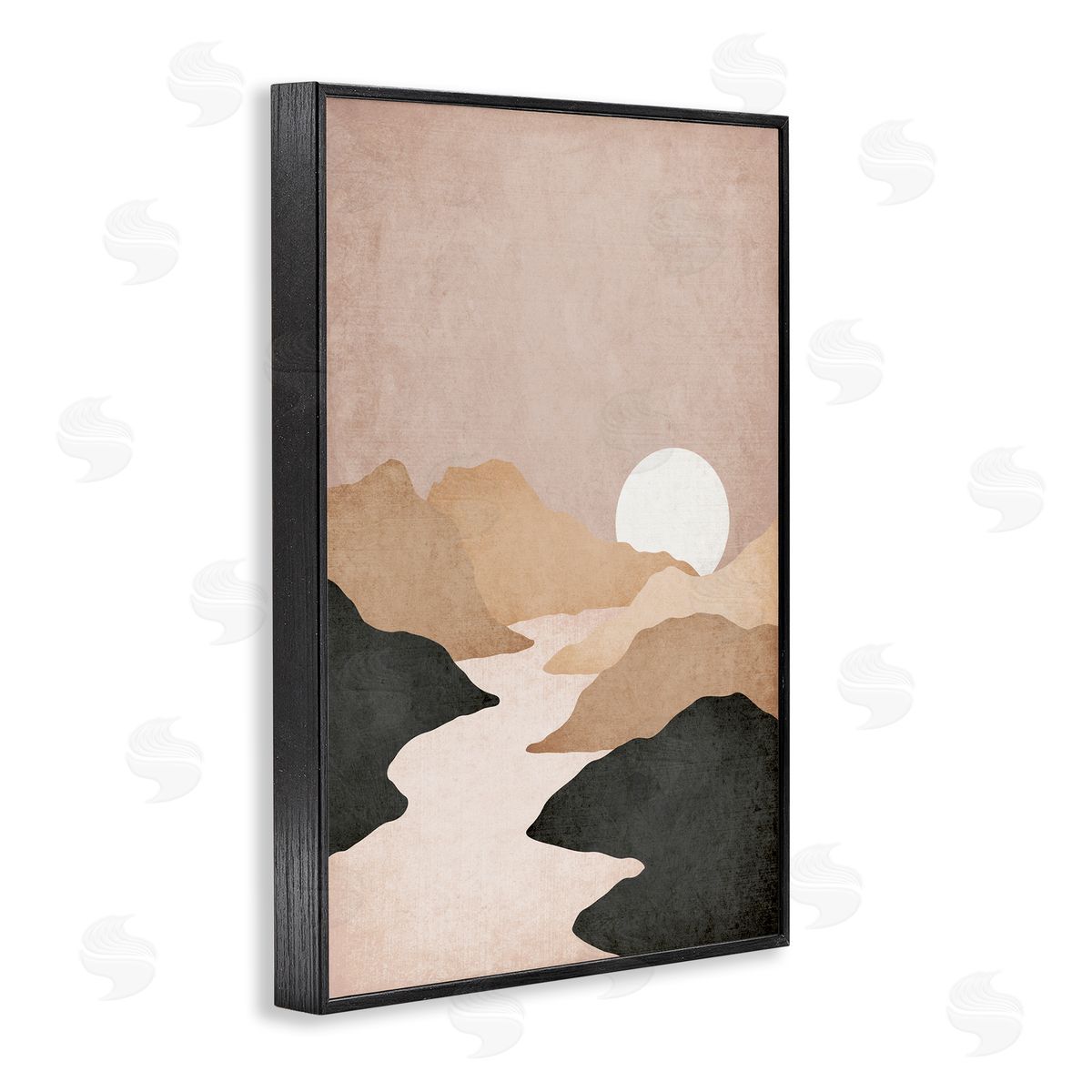 JJ Design House LLC Beige Mountains with Stream Black Framed Giclee Wall Art Print