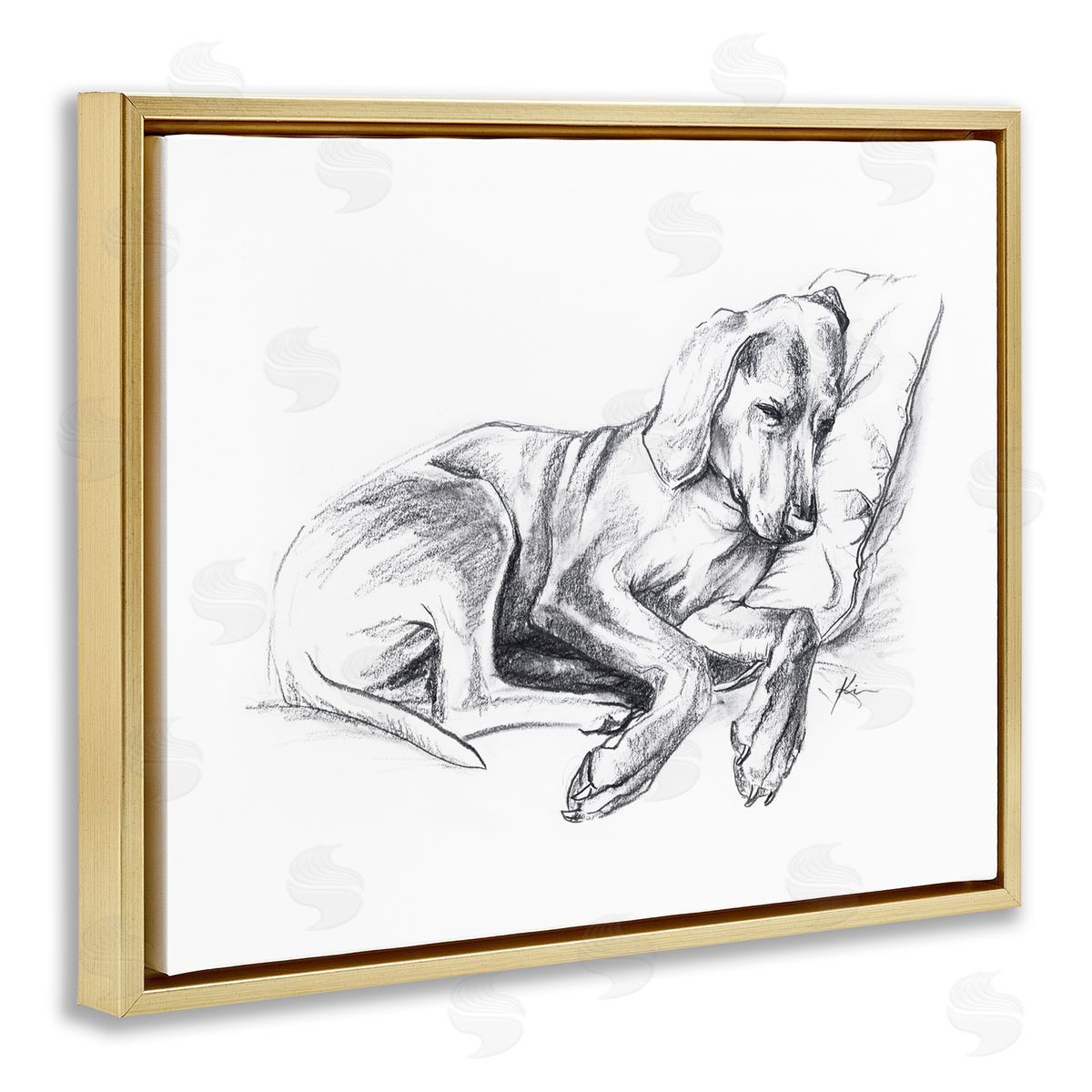 Lindsay Kivi Fine Art Napping Dog Drawing Gold Floating Frame Canvas Wall Art Print