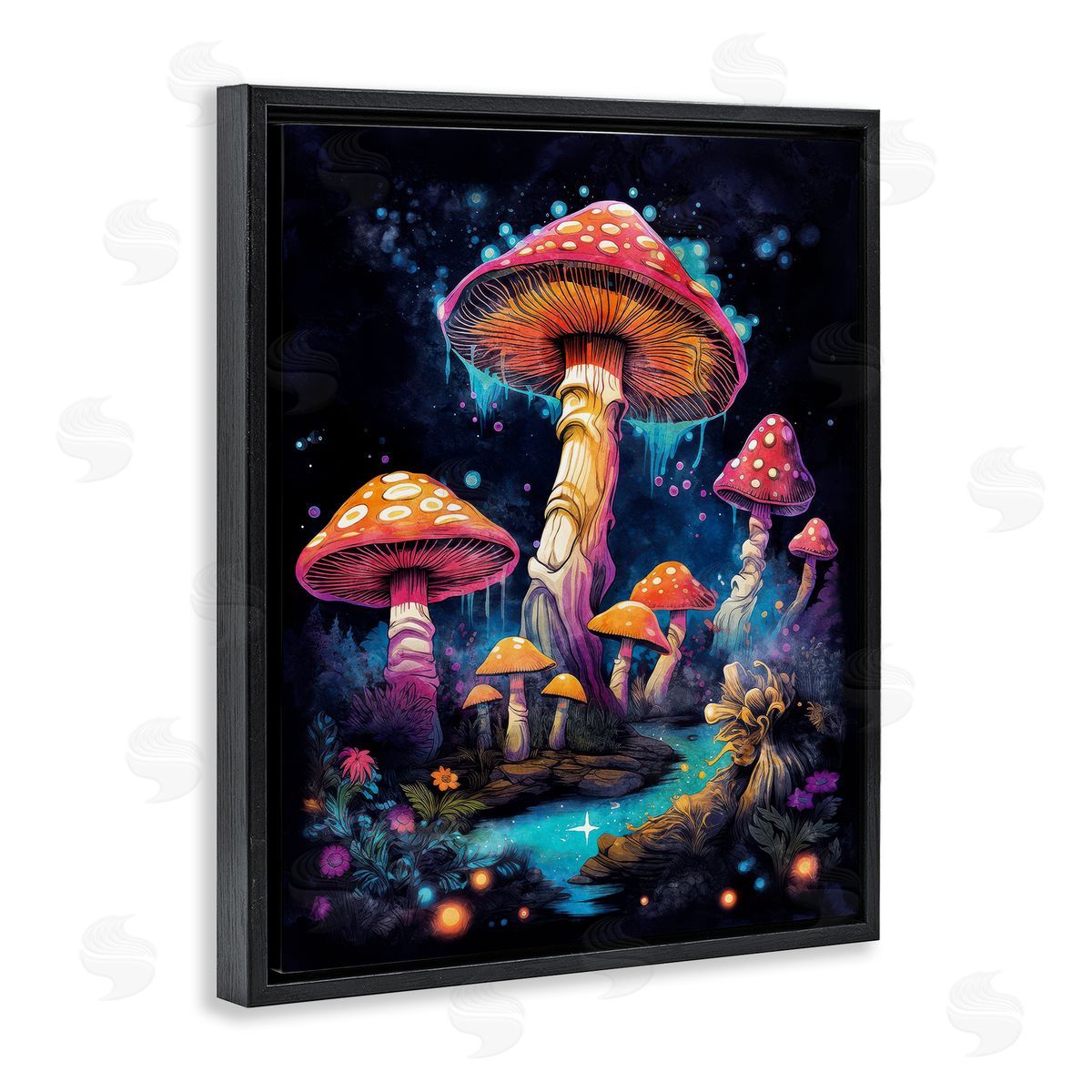 Nina Blue Psychedelic Mushroom Scene Black Floating Frame Canvas Wall Art Print