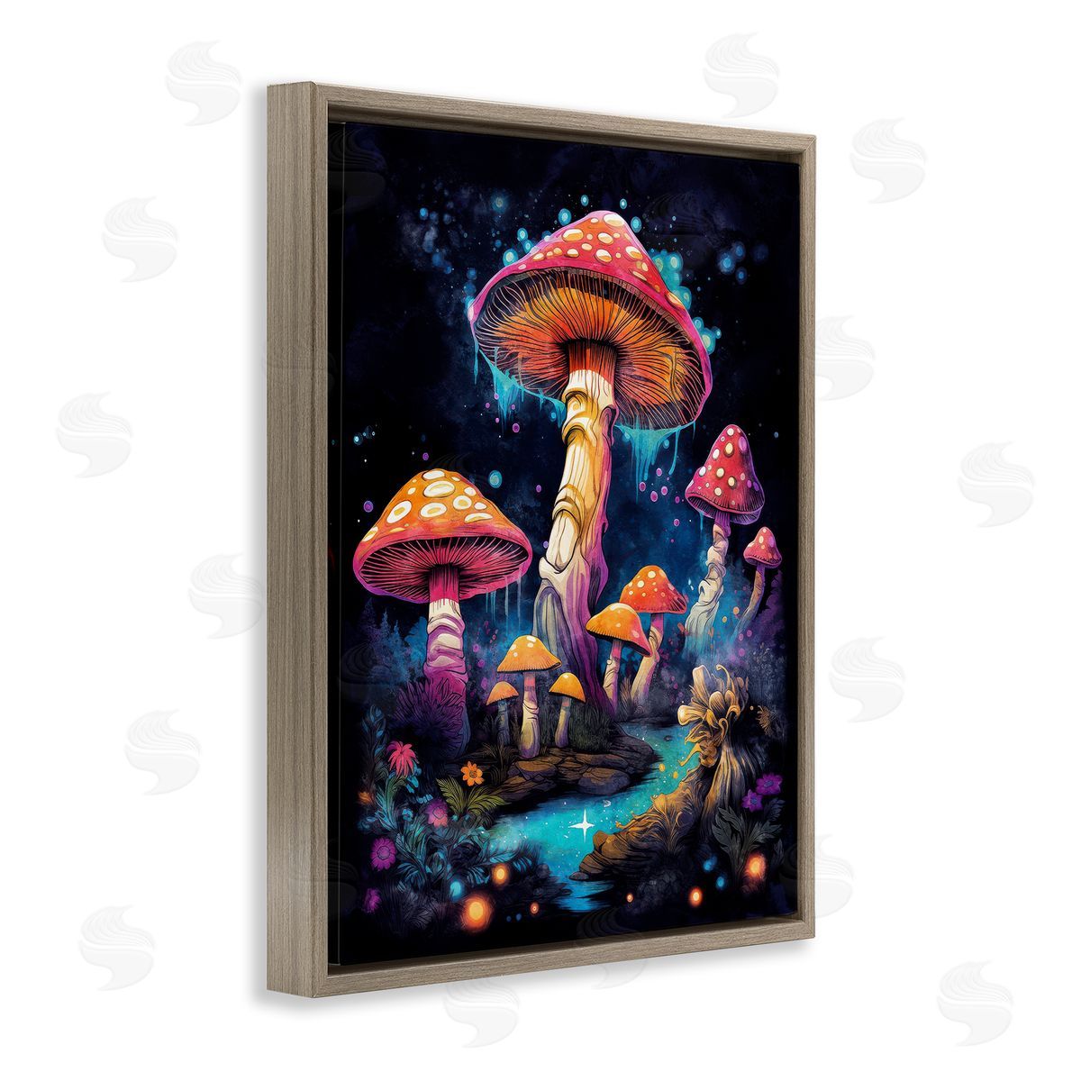Nina Blue Psychedelic Mushroom Scene Brown Floating Frame Canvas Wall Art Print