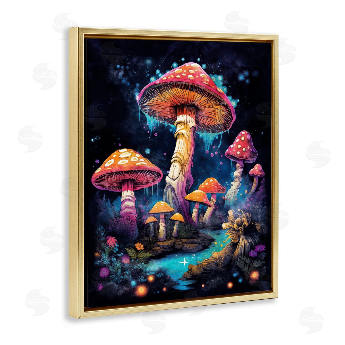 Nina Blue Psychedelic Mushroom Scene Gold Floating Frame Canvas Wall Art Print