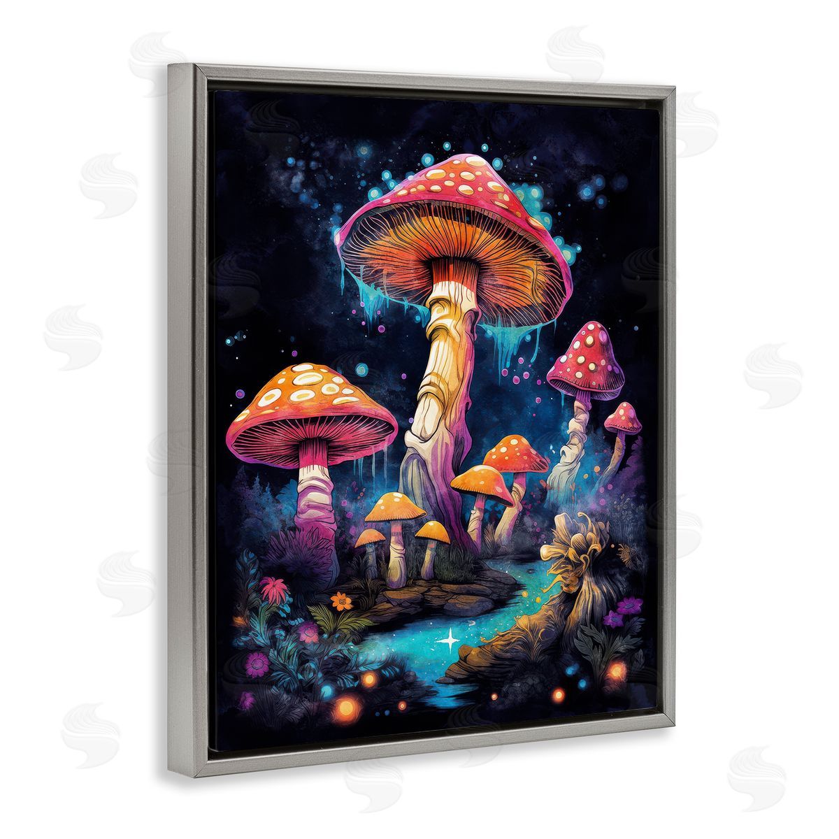 Nina Blue Psychedelic Mushroom Scene Gray Floating Frame Canvas Wall Art Print