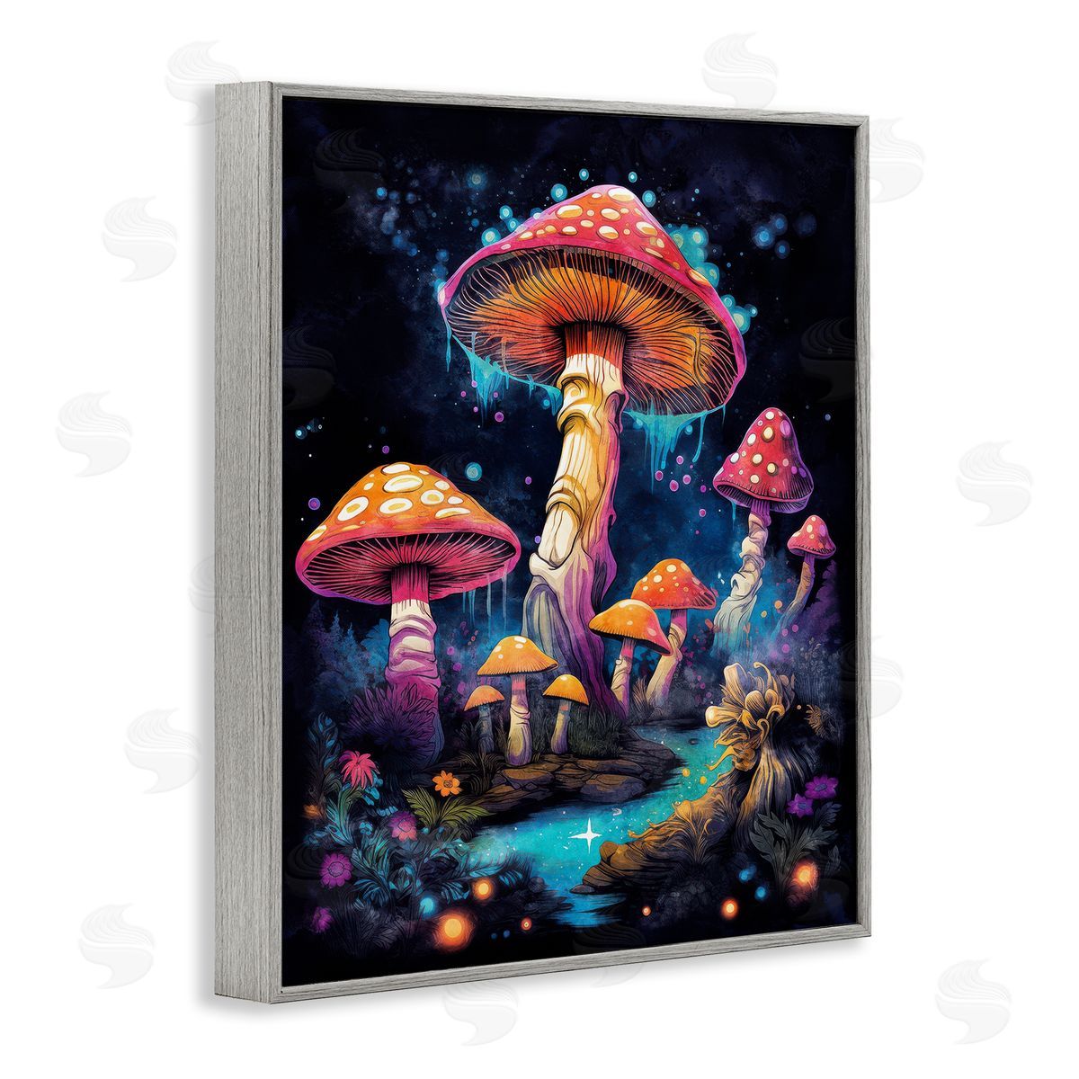 Nina Blue Psychedelic Mushroom Scene Gray Framed Giclee Wall Art Print