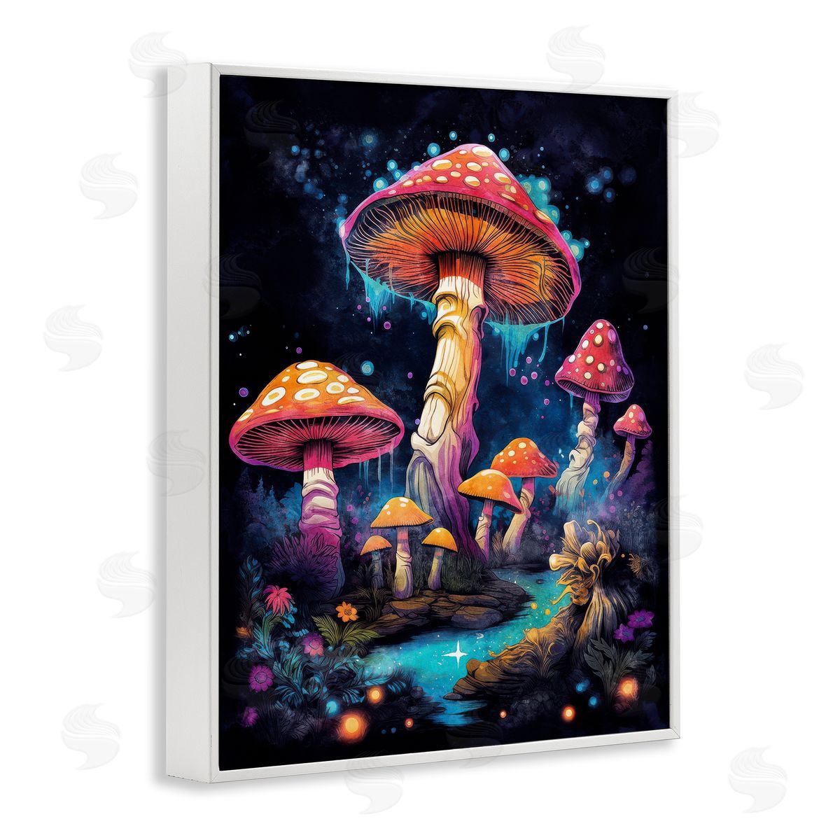 Nina Blue Psychedelic Mushroom Scene White Framed Giclee Wall Art Print