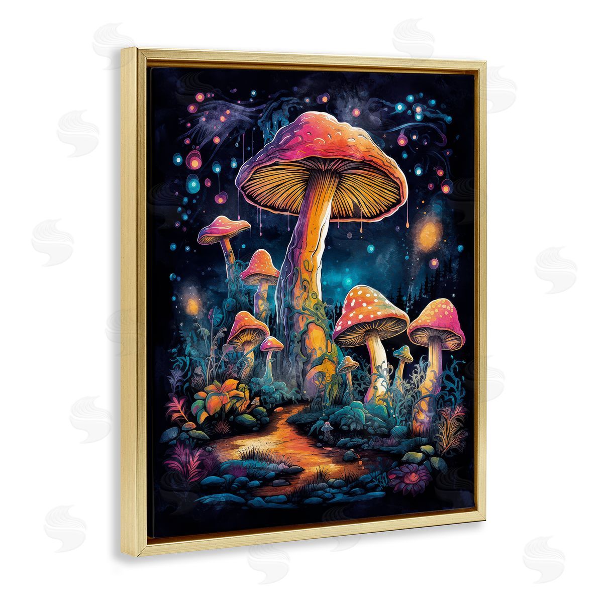 Nina Blue Psychedelic Mushrooms Nature Gold Floating Frame Canvas Wall Art Print