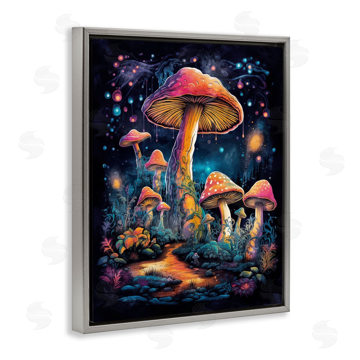 Nina Blue Psychedelic Mushrooms Nature Gray Floating Frame Canvas Wall Art Print