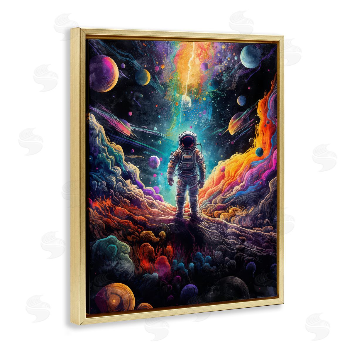 Nina Blue Astronaut on Planet Terrain Gold Floating Frame Canvas Wall Art Print