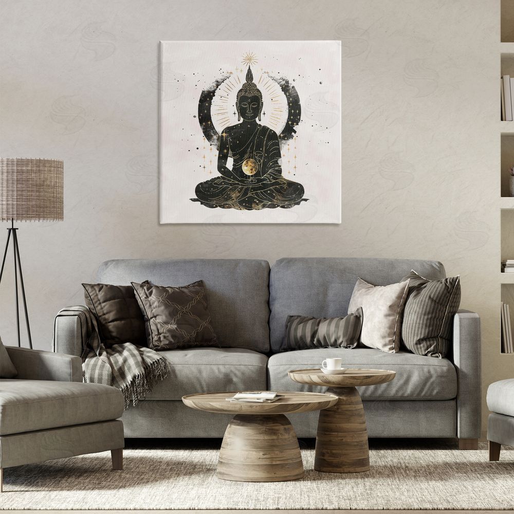 Nina Blue Sitting Buddha Sun Rays Canvas Wall Art Print in Room