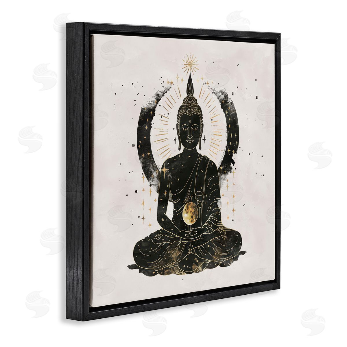 Nina Blue Sitting Buddha Sun Rays Black Floating Frame Canvas Wall Art Print