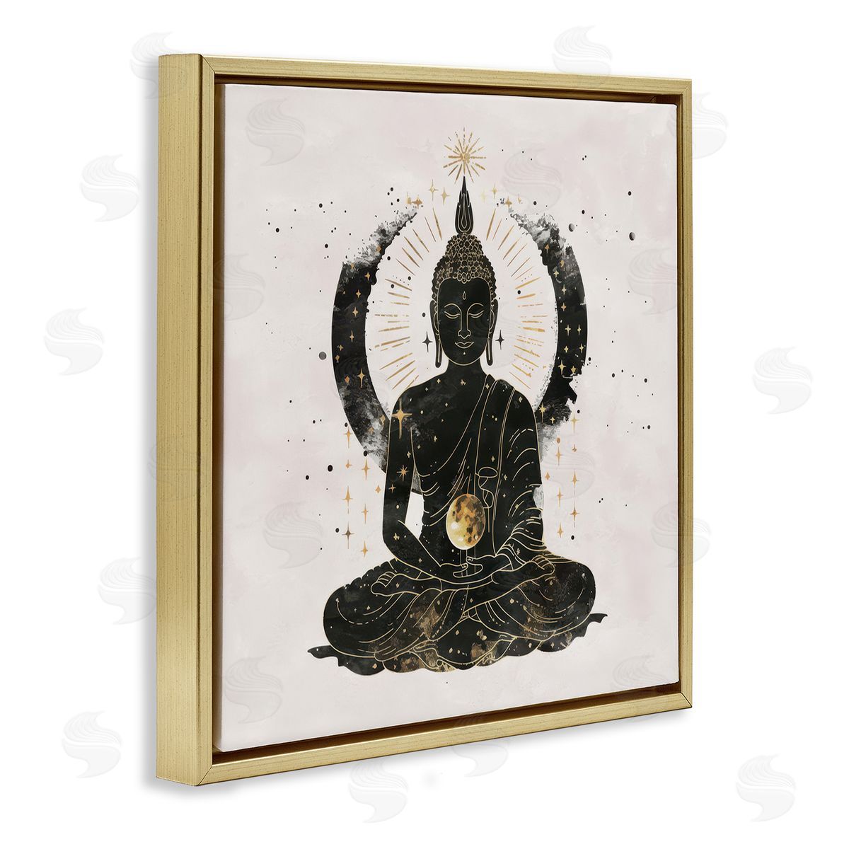 Nina Blue Sitting Buddha Sun Rays Gold Floating Frame Canvas Wall Art Print