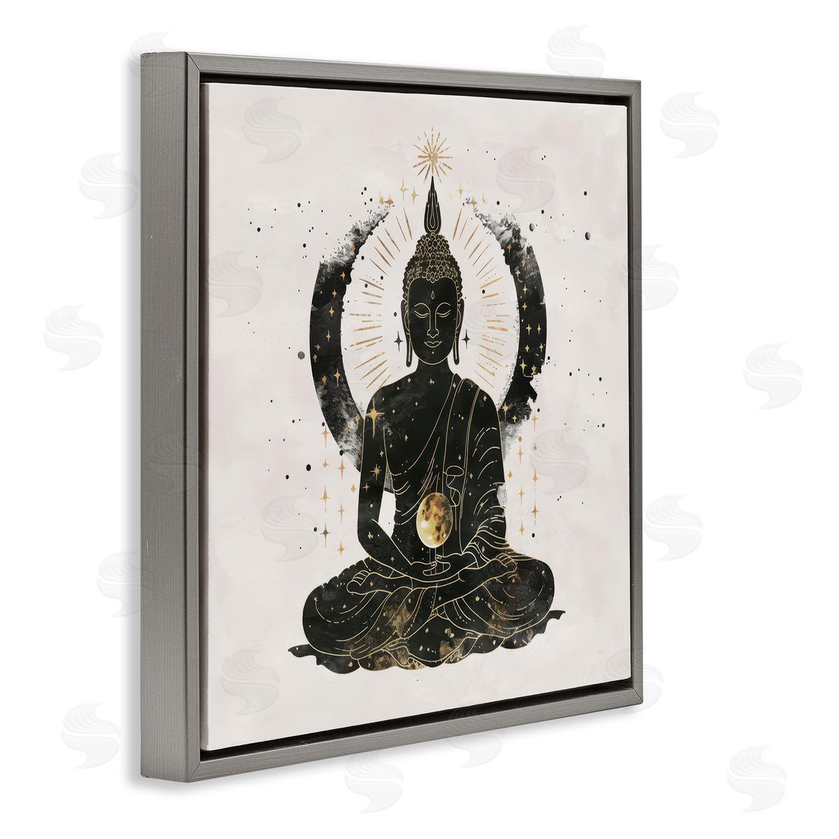 Nina Blue Sitting Buddha Sun Rays Gray Floating Frame Canvas Wall Art Print