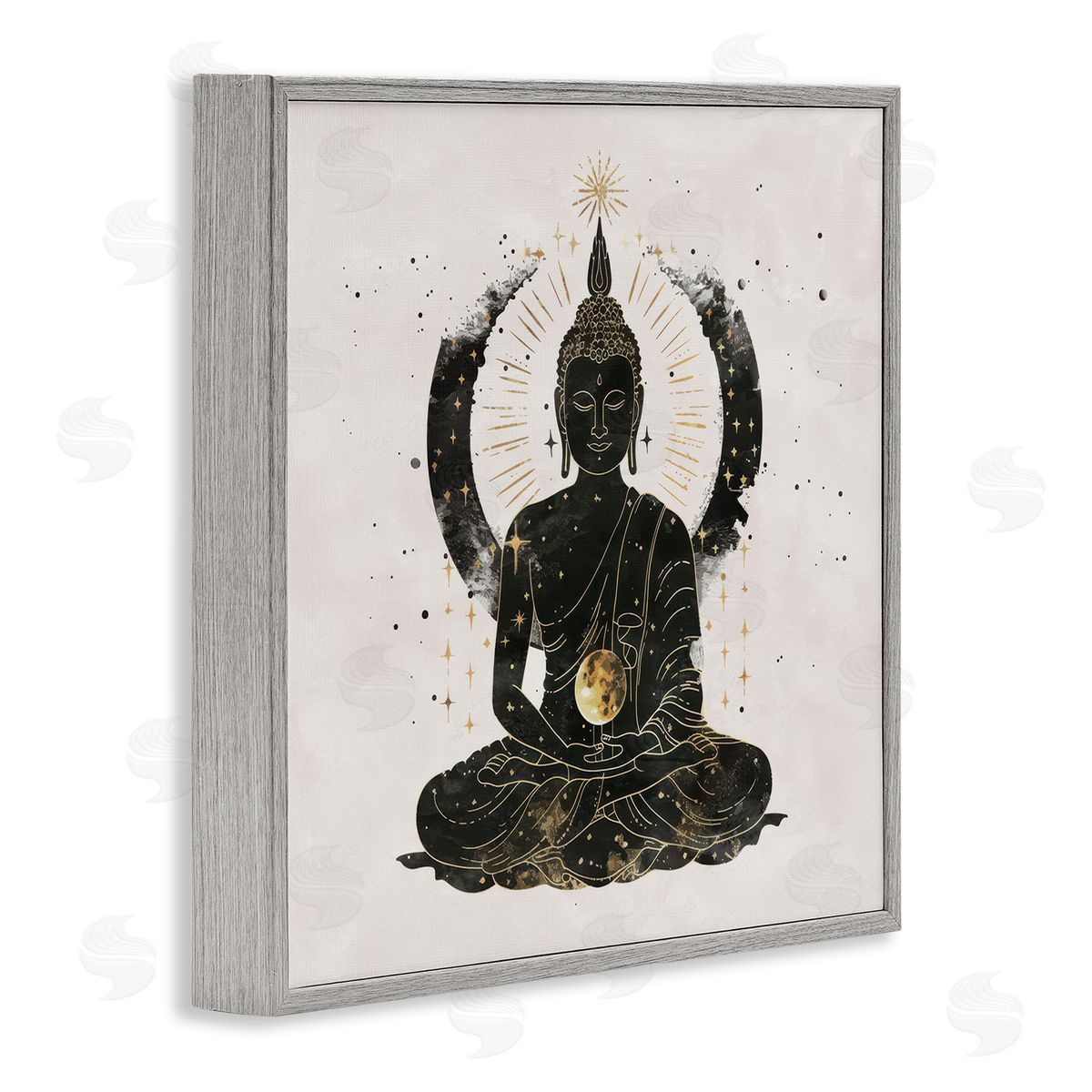 Nina Blue Sitting Buddha Sun Rays Gray Framed Giclee Wall Art Print