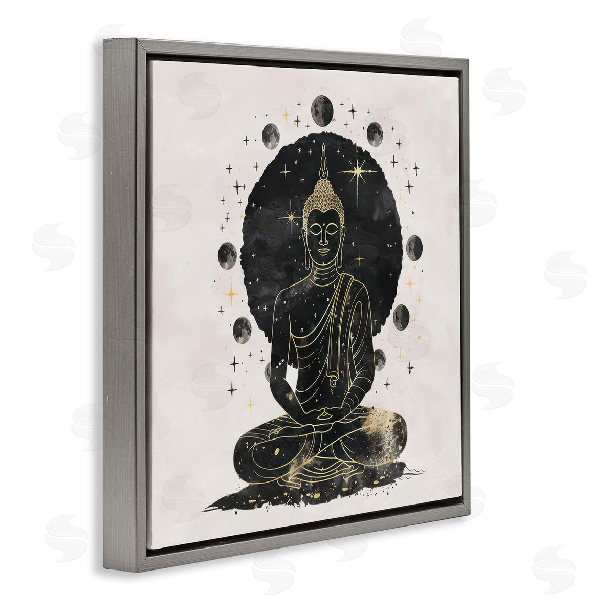 Nina Blue Gilded Sitting Buddha Gray Floating Frame Canvas Wall Art Print