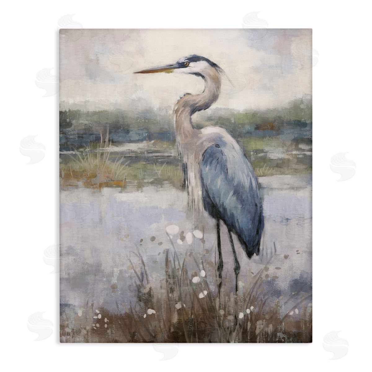 Nina Blue Coastal Heron on Riverbank Canvas Wall Art Print