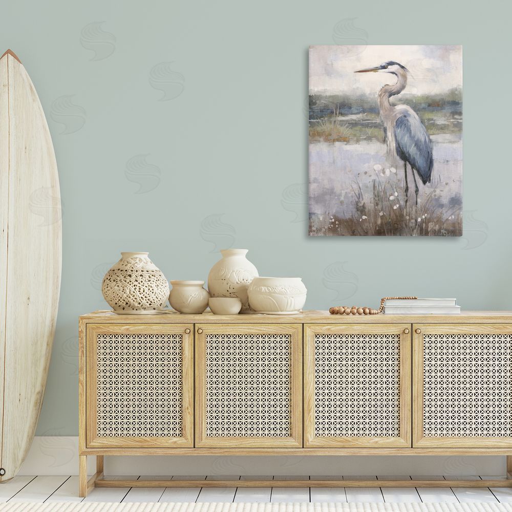 Nina Blue Coastal Heron on Riverbank Canvas Wall Art Print in Room