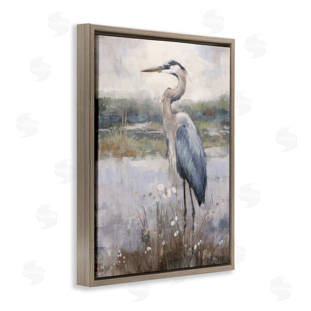 Nina Blue Coastal Heron on Riverbank Brown Floating Frame Canvas Wall Art Print