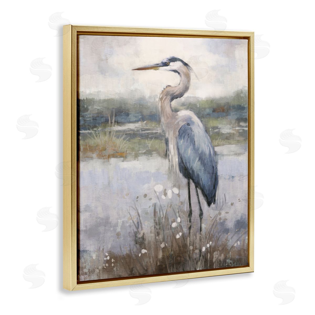 Nina Blue Coastal Heron on Riverbank Gold Floating Frame Canvas Wall Art Print