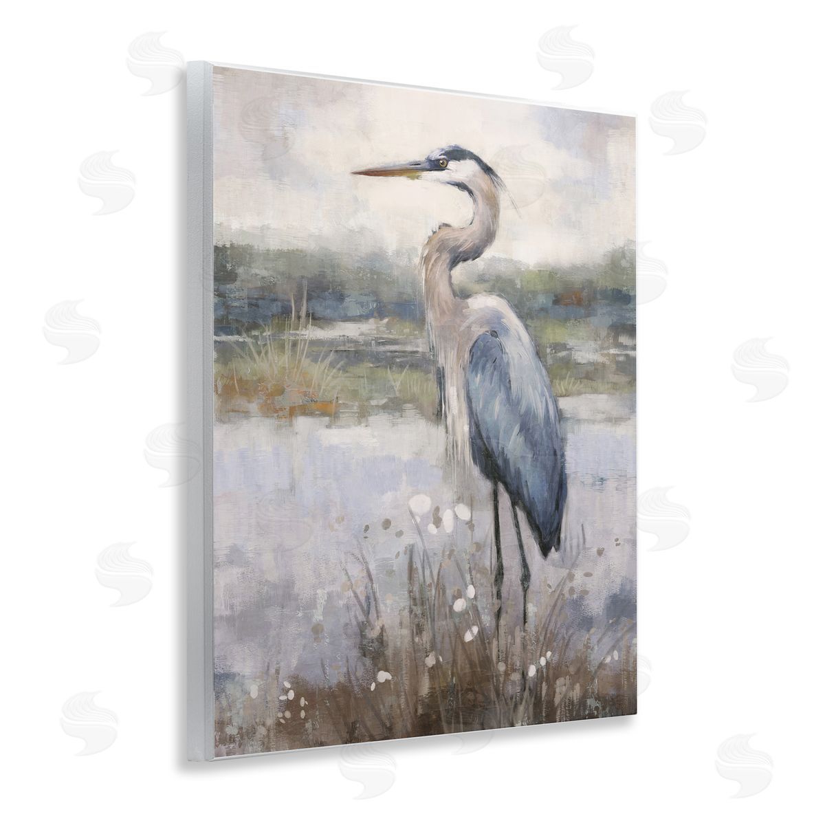 Nina Blue Coastal Heron on Riverbank Wooden Wall Plaque Art Print