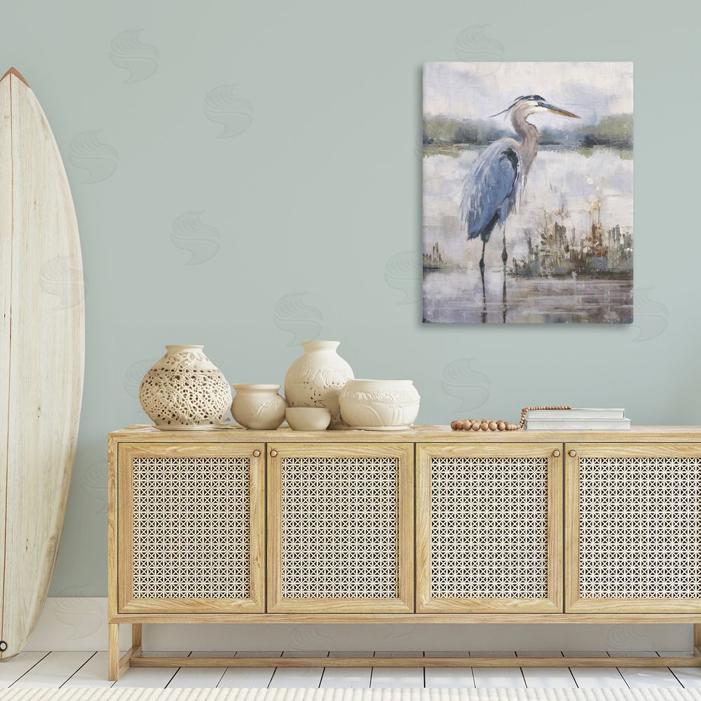 Nina Blue Coastal Sea Heron Canvas Wall Art Print in Room
