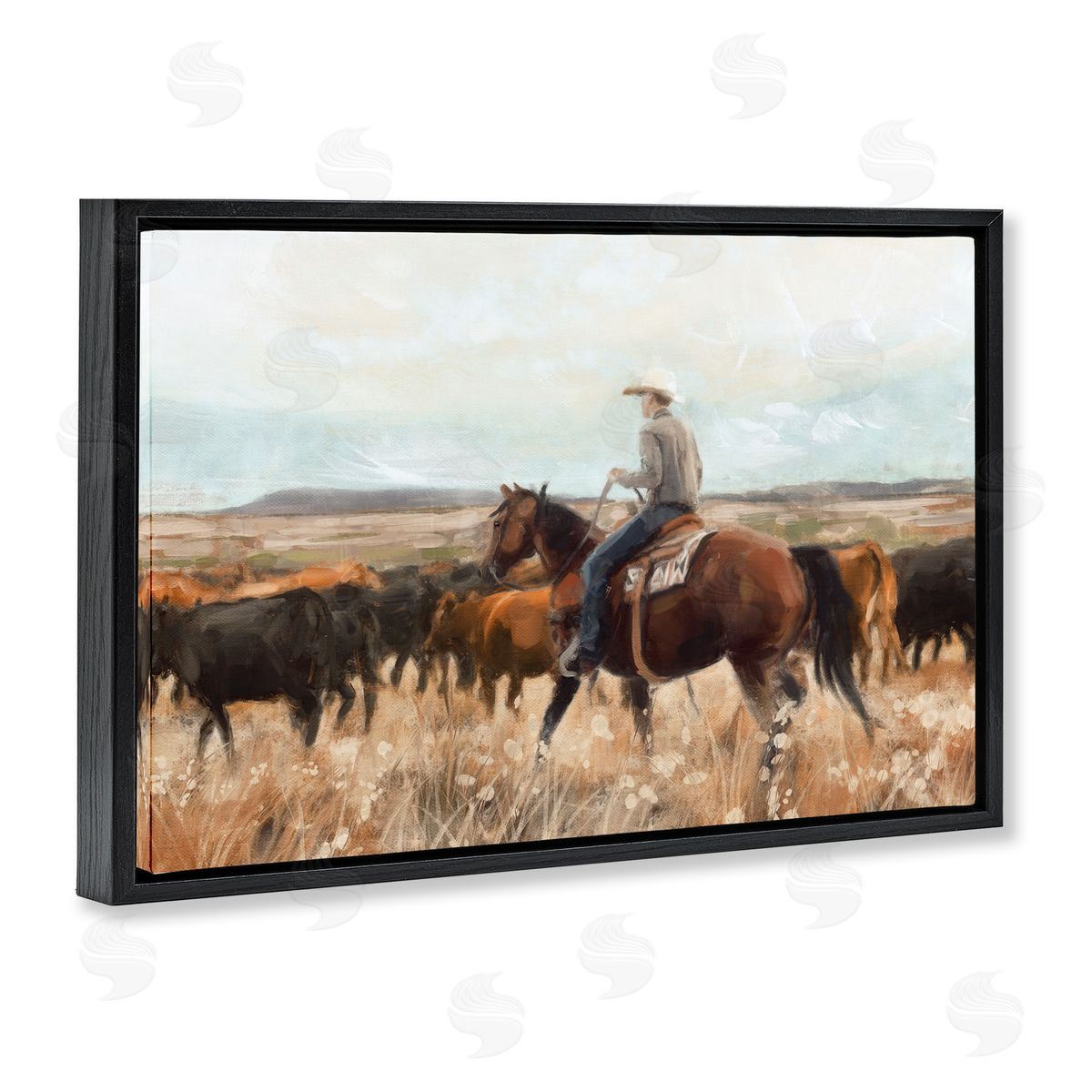 Nina Blue Cowboy On The Range Black Floating Frame Canvas Wall Art Print