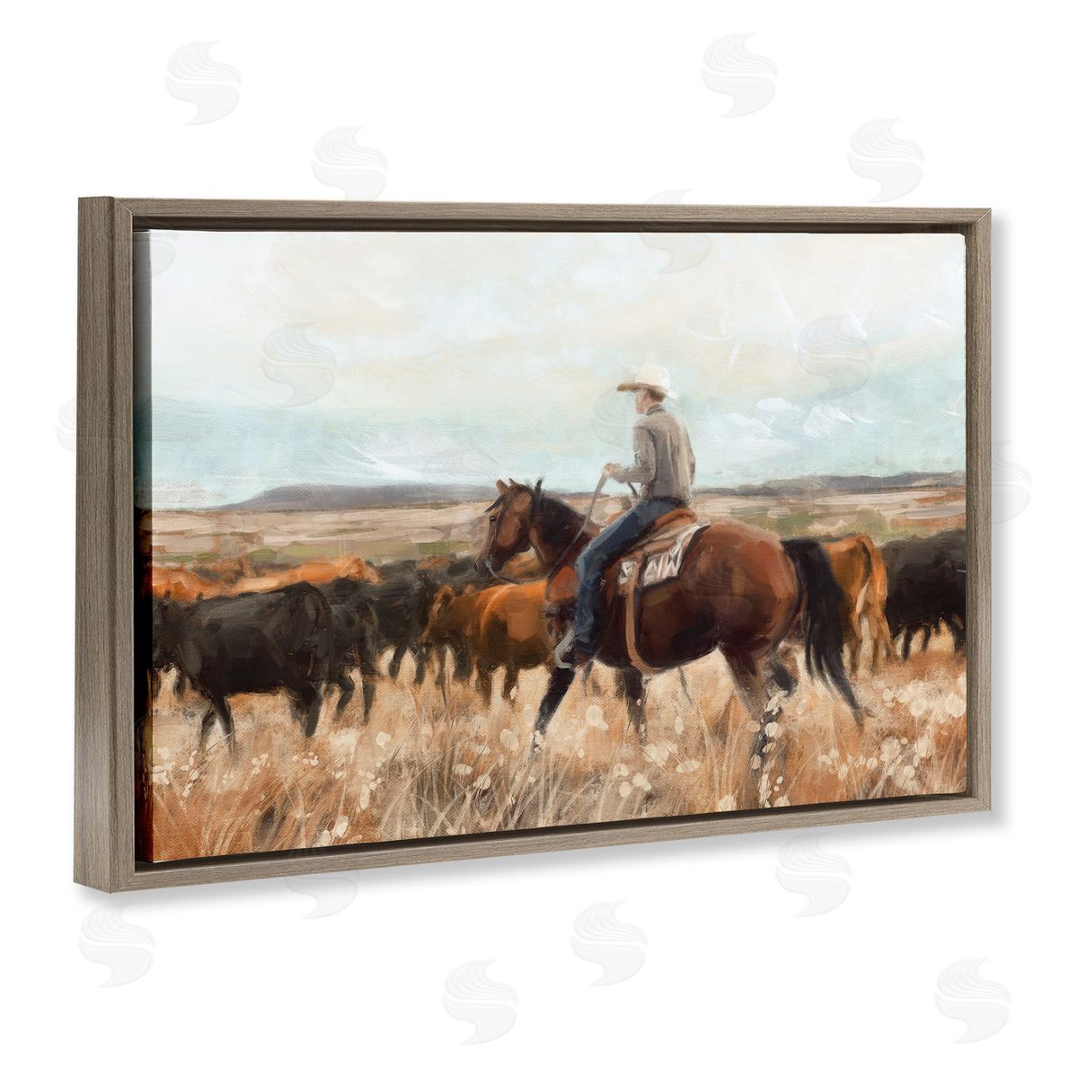 Nina Blue Cowboy On The Range Brown Floating Frame Canvas Wall Art Print