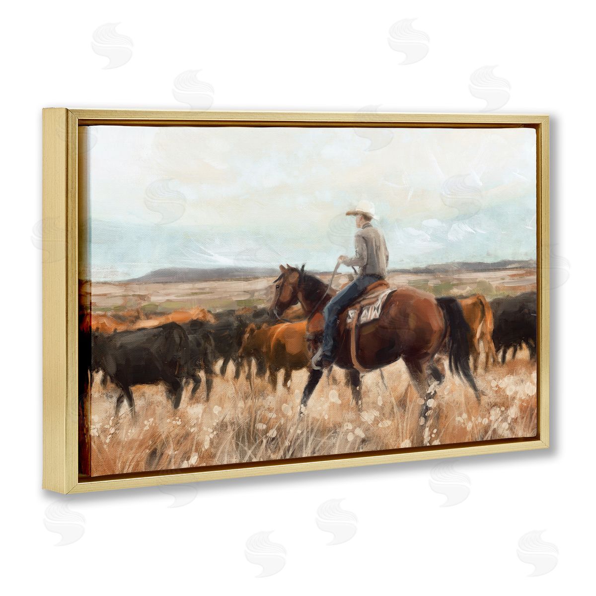 Nina Blue Cowboy On The Range Gold Floating Frame Canvas Wall Art Print