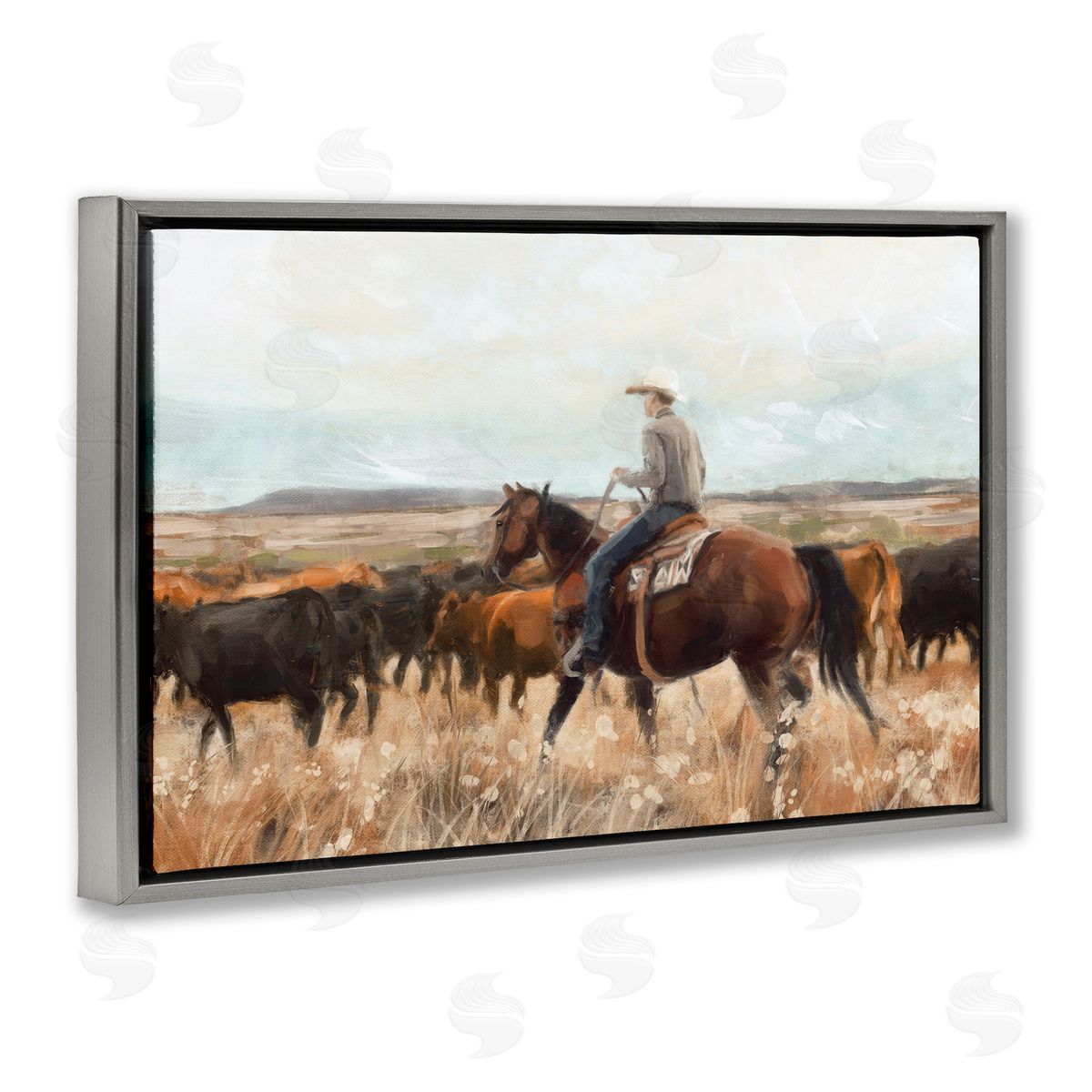 Nina Blue Cowboy On The Range Gray Floating Frame Canvas Wall Art Print
