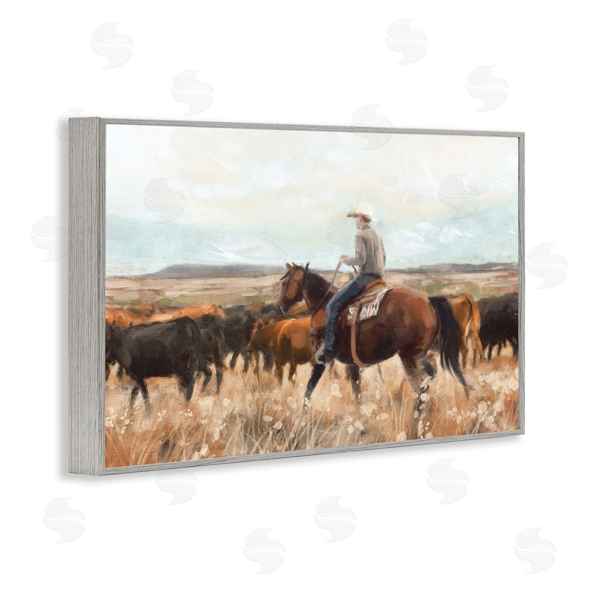 Nina Blue Cowboy On The Range Gray Framed Giclee Wall Art Print