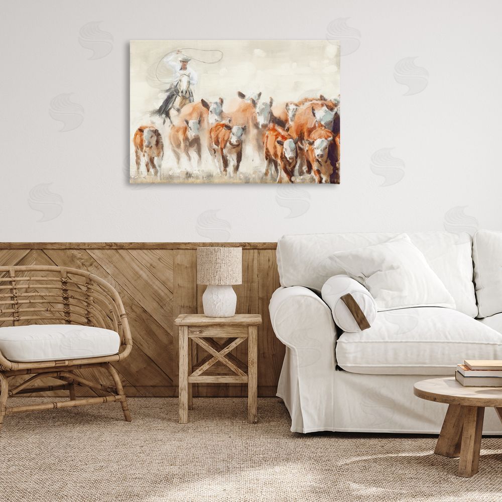 Nina Blue Cowboy Cattle Roundup Canvas Wall Art Print in Room