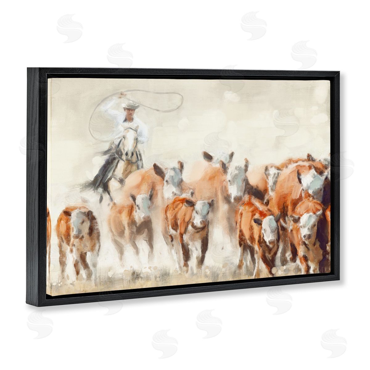 Nina Blue Cowboy Cattle Roundup Black Floating Frame Canvas Wall Art Print