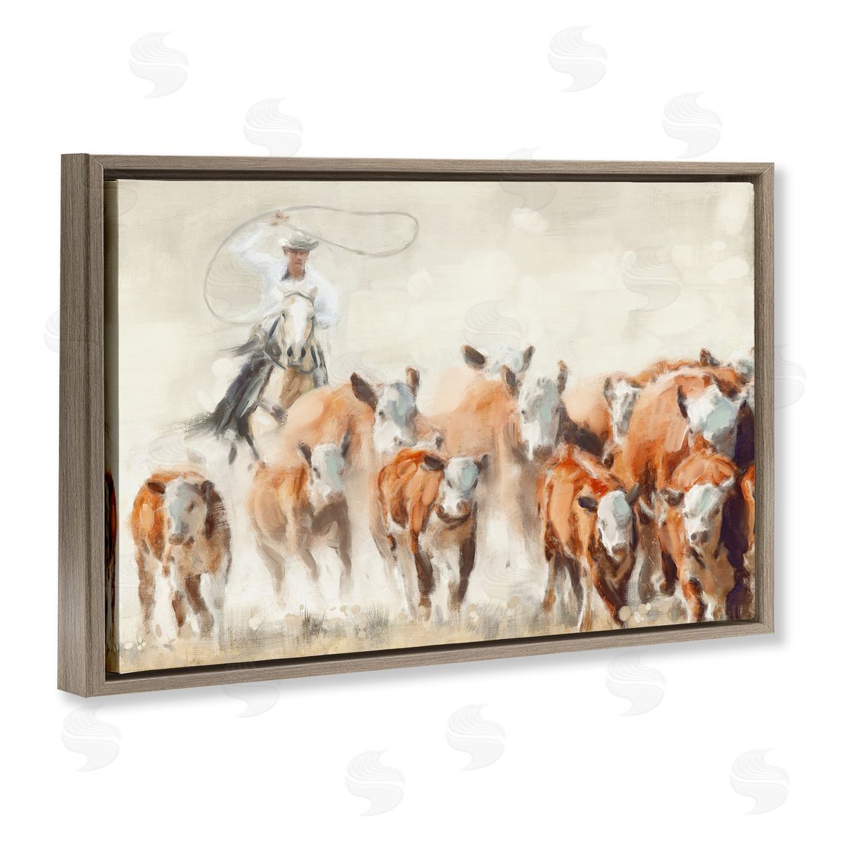 Nina Blue Cowboy Cattle Roundup Brown Floating Frame Canvas Wall Art Print