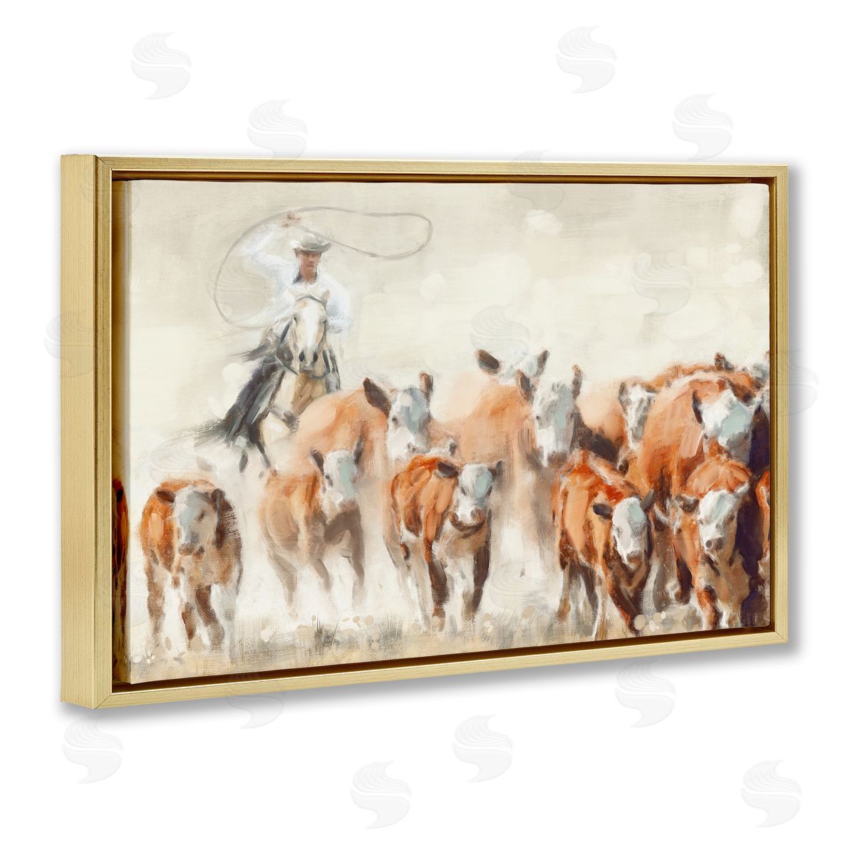 Nina Blue Cowboy Cattle Roundup Gold Floating Frame Canvas Wall Art Print