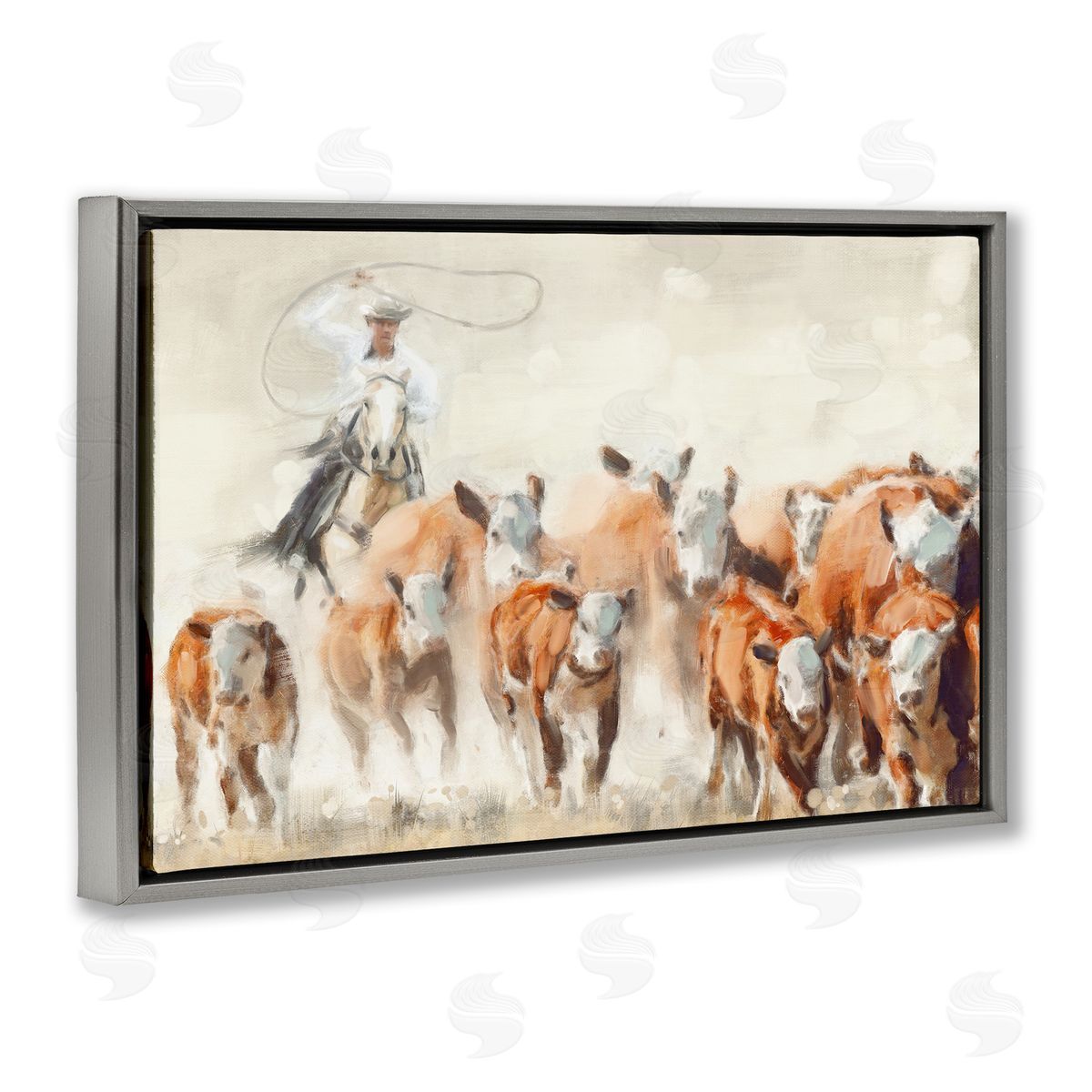 Nina Blue Cowboy Cattle Roundup Gray Floating Frame Canvas Wall Art Print