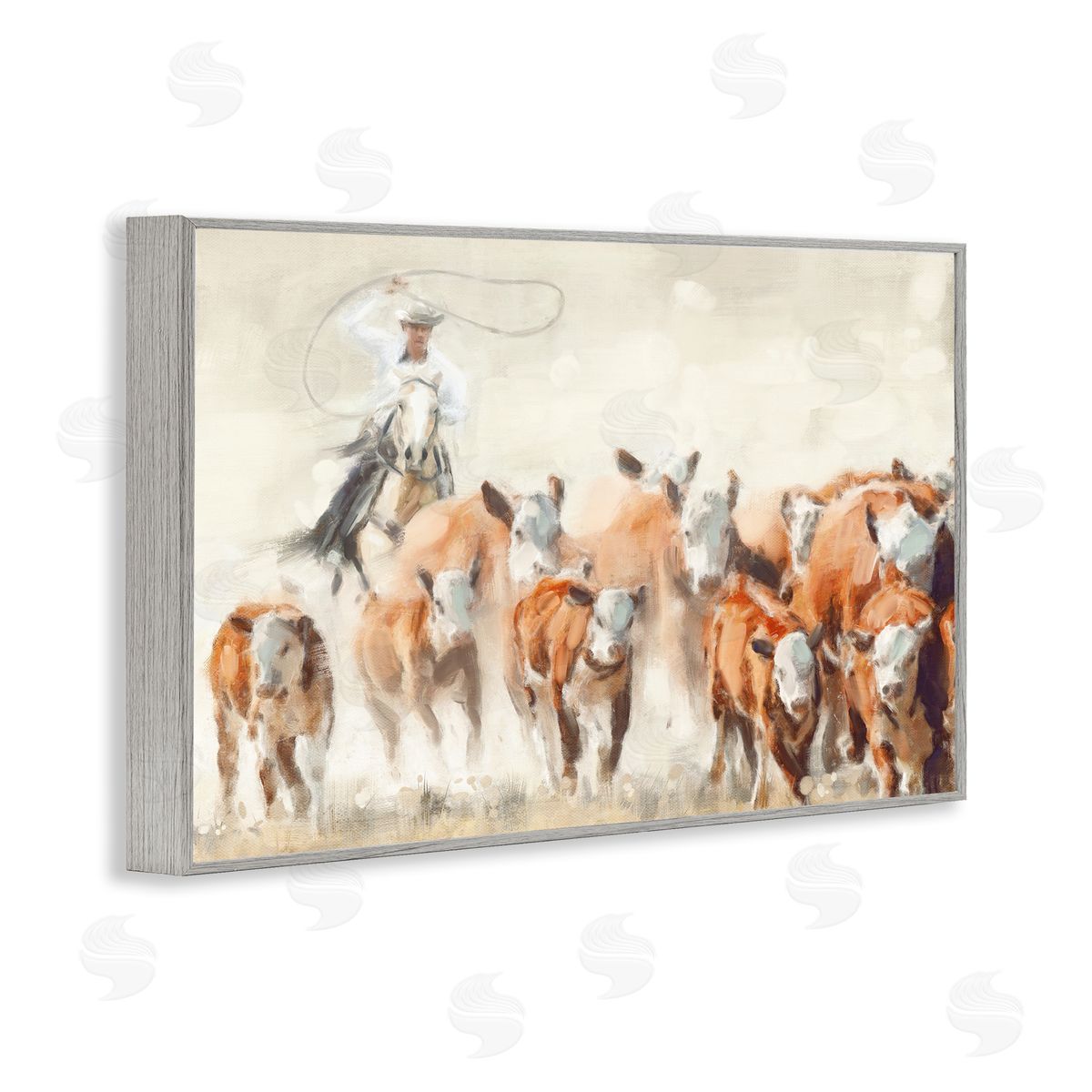 Nina Blue Cowboy Cattle Roundup Gray Framed Giclee Wall Art Print