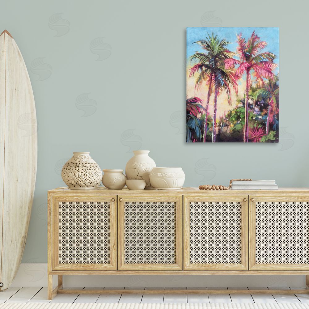 Nina Blue Tropical Palms Pink Details Canvas Wall Art Print in Room